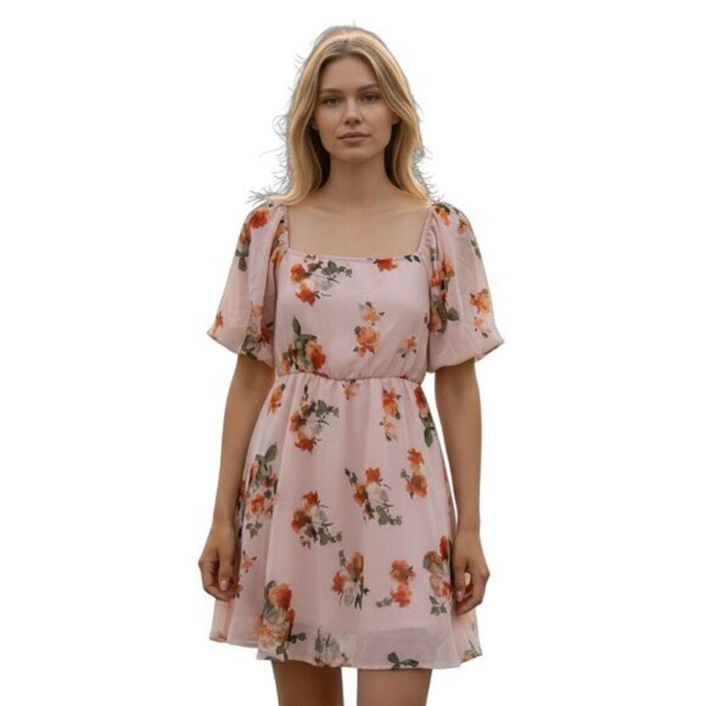Haptics Women's M Pink Floral Chiffon Short Dress Casual